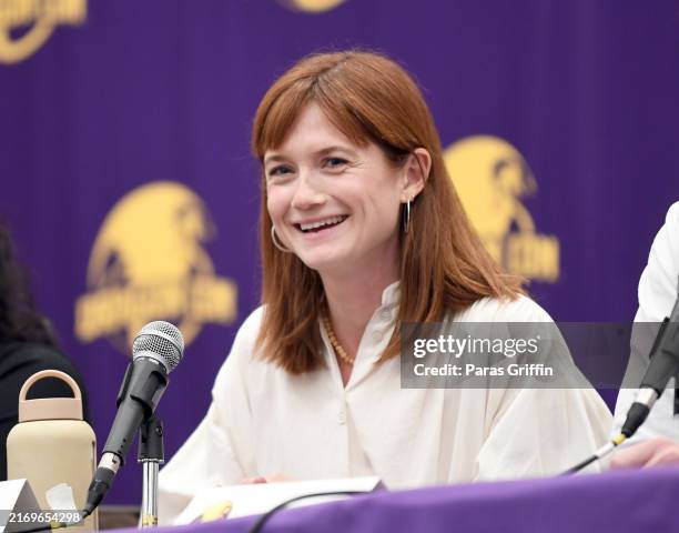 Actress Bonnie Wright speaks onstage during "Live from the Gryffindor Common Room" session during the 2024 Dragon Con at Atlanta Marriott Marquis on...