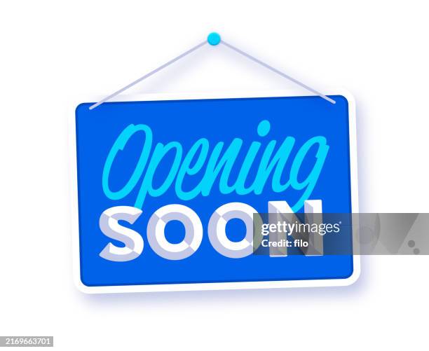 stockillustraties, clipart, cartoons en iconen met opening soon hanging sign - bordje-met-openingstijden