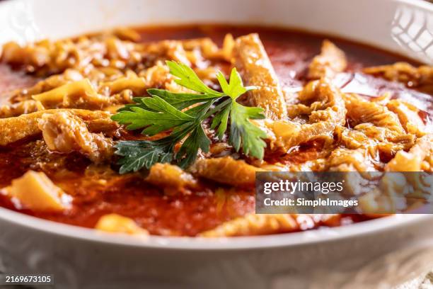 tasty soup or stew made of beef tripe and spices. spicy and aromatic tripe soup seasoned with pepper and served with bread. - tradizione foto e immagini stock