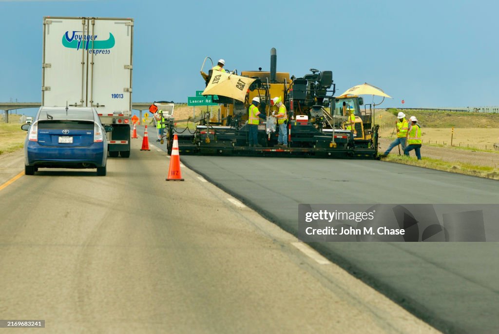 Road Crew Paves Interstate 25, Rye, Colorado (USA)