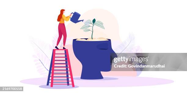 growth mindset, development or self-improvement, attitude, adoring, learn, help, head, change, watering learning, human brain, training class, self-confidence, creativity, growth, decisions, challenge - growth mindset stock illustrations