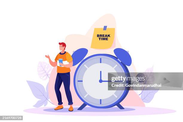 time to take a break, coffee break time to relax and refresh from long stress interval, free from bored, sleepy and fatigue concept, relax businessman with a cup of coffee or tea with alarm clock. - quarter stock illustrations
