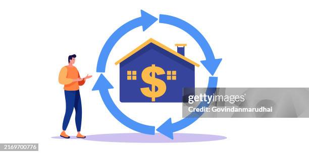 stockillustraties, clipart, cartoons en iconen met reverse mortgage, home owner exchange for regular payment, loan or income, property or real estate for banking payment concept, businessman with reverse mortgage house produce dollar money signs. - hypotheek