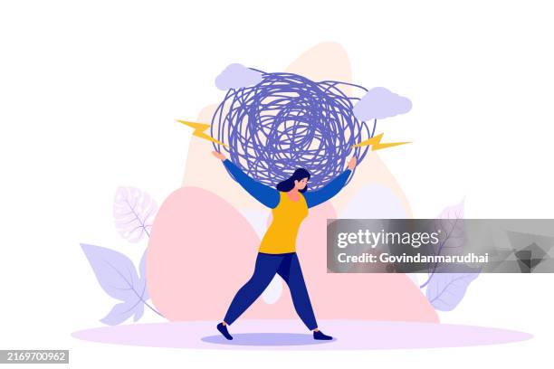 bildbanksillustrationer, clip art samt tecknat material och ikoner med stress burden, anxiety from work difficulty and overload, problem in economic crisis or pressure from too much responsibility concept, tried exhausted businesswoman carrying heavy messy line on his back - stress