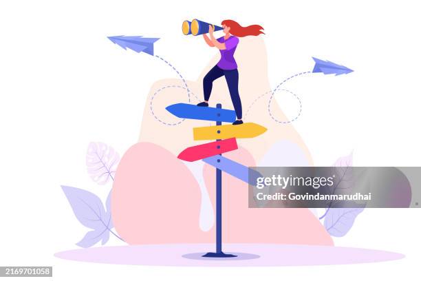 stockillustraties, clipart, cartoons en iconen met businesswoman looks through binoculars to discover solution, illustrating search for right direction, business opportunities, or path to success. concept of making decisions and envisioning the future - zoeken