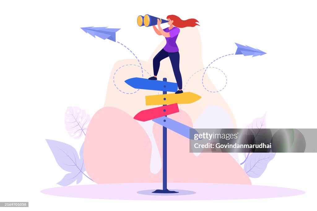 Businesswoman looks through binoculars to discover solution, illustrating search for right direction, business opportunities, or path to success. Concept of making decisions and envisioning the future