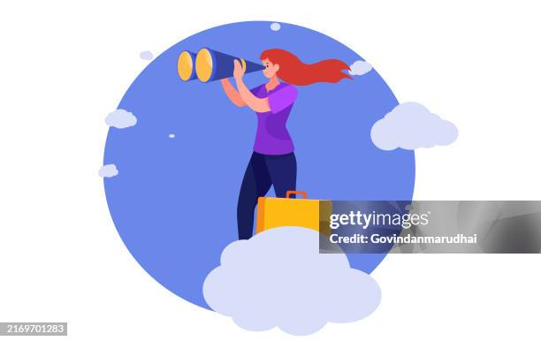 smart businesswoman riding high cloud holding telescope or binocular to search for business visionary. business opportunity, leadership vision to see company strategy to achieve target concept. - binoculars illustration stock illustrations