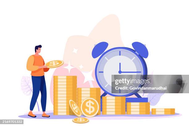 stockillustraties, clipart, cartoons en iconen met long term investing or savings for retirement fund, compound interest or investment growth, tax time reminder concept, businessman on alarm clock put more dollar coin money to increase his savings. - loon arbeidsvoorwaarden