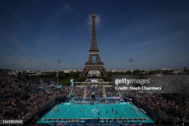 Team Colombia and Team Japan compete during a men's preliminary group B blind football match on day four of the Paris 2024 Summer Paralympic Games at...
