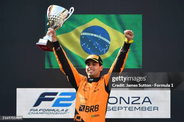Race winner Gabriel Bortoleto of Brazil and Invicta Racing celebrates on the podium during the Round 11 Monza Feature race of the Formula 2...
