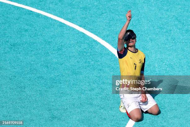 Jhon Alexander Hernandez Garcia of Team Colombia celebrates beating Team Japan during a men's preliminary group B blind football match on day four of...