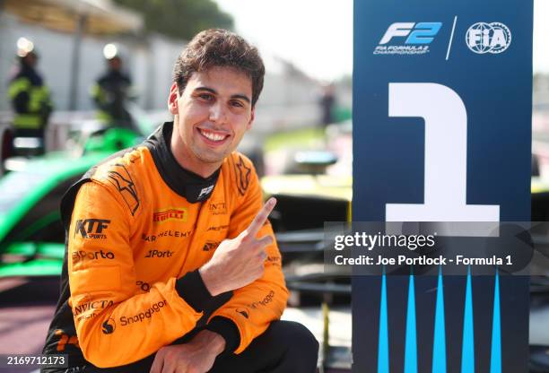 Race winner Gabriel Bortoleto of Brazil and Invicta Racing celebrates in parc ferme during the Round 11 Monza Feature race of the Formula 2...