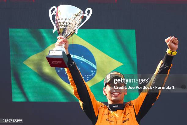 Race winner Gabriel Bortoleto of Brazil and Invicta Racing celebrates on the podium during the Round 11 Monza Feature race of the Formula 2...