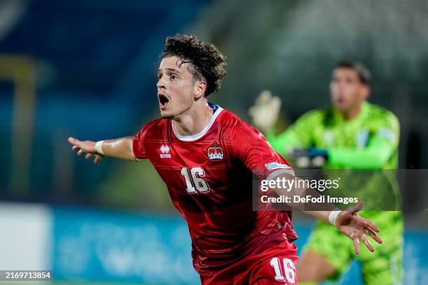 San Marino, San Marino Fabio Luque Notaro of Liechtenstein celebrates after scoring first goal disallowed by VAR during the UEFA Nations League...