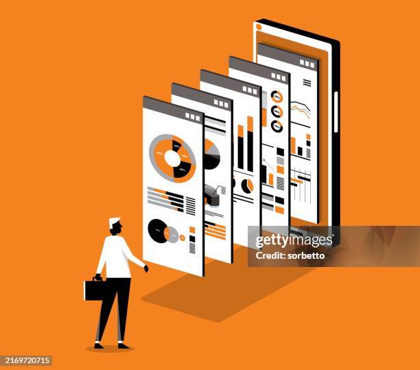analysis and statistic online services - businessman - electronic bank statement stock illustrations