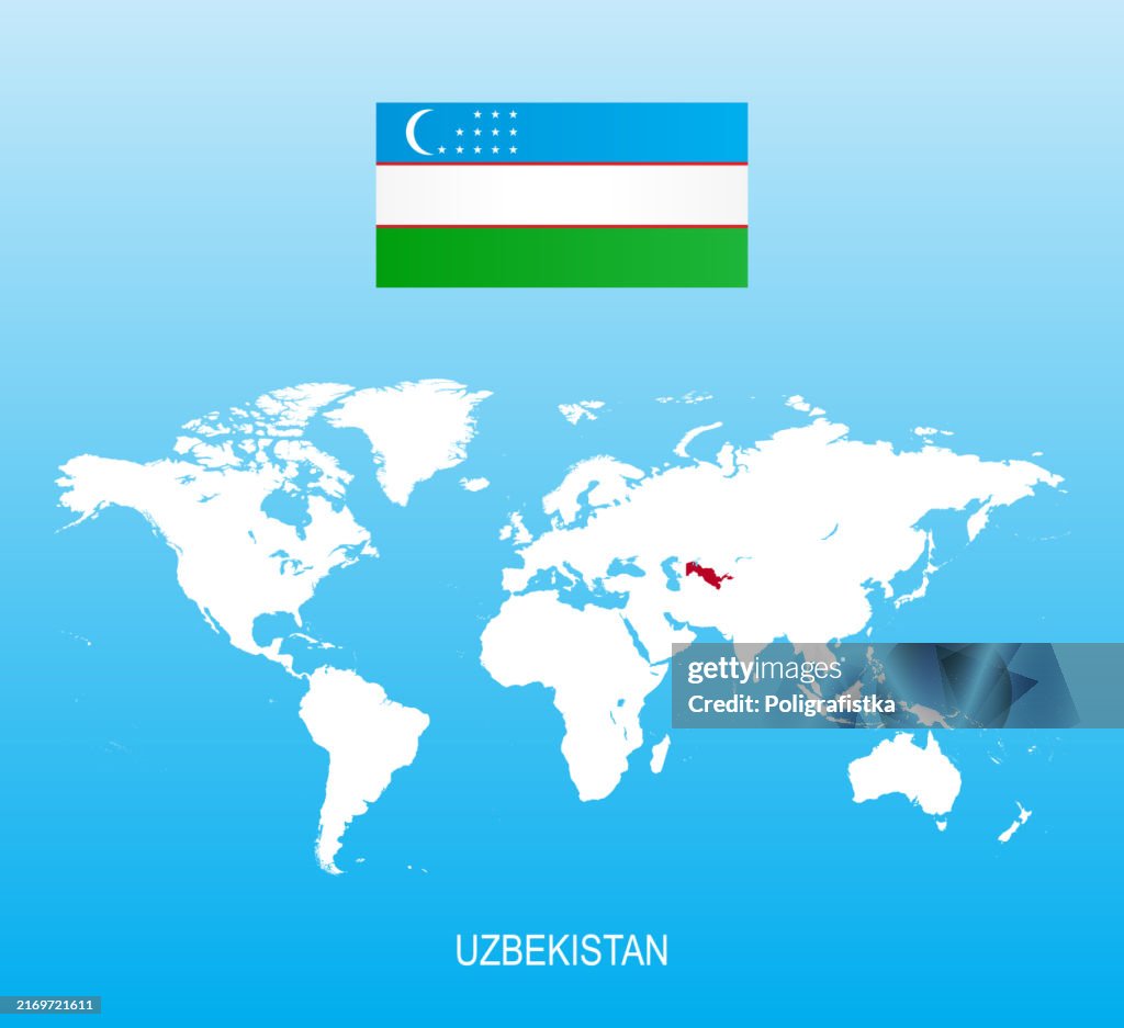 Flagge von Usbekistan und Standort auf der Weltkarte