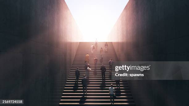man of men climbing stairs towards the light, new beginnings concept - leader abstract stock pictures, royalty-free photos & images