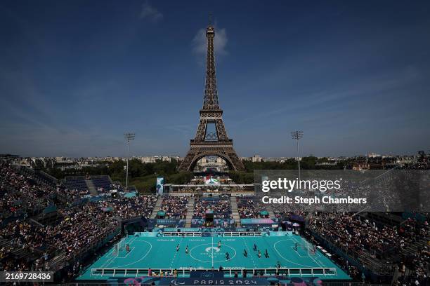Team Colombia and Team Japan compete during a men's preliminary group B blind football match on day four of the Paris 2024 Summer Paralympic Games at...
