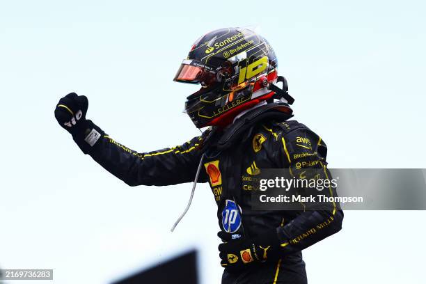 Race winner Charles Leclerc of Monaco and Ferrari celebrates in parc ferme during the F1 Grand Prix of Italy at Autodromo Nazionale Monza on...