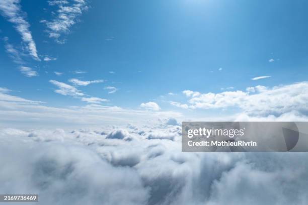 aerial view of blue sky and clouds through an airplane window - airplane sky stockfoto's en -beelden