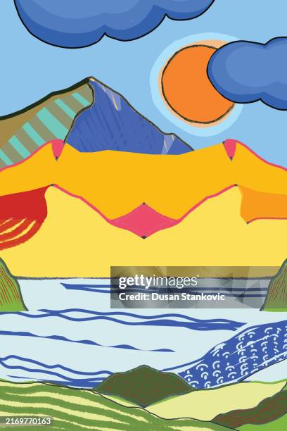 calm river in the mountains - wide range stock illustrations