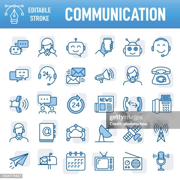 modern universal business communication line icon set - thin line vector icon set. pixel perfect. editable stroke. for mobile and web. the set contains icons: communication, connection, internet, technology, business, e-mail,using phone, social media - stroke icon stock illustrations