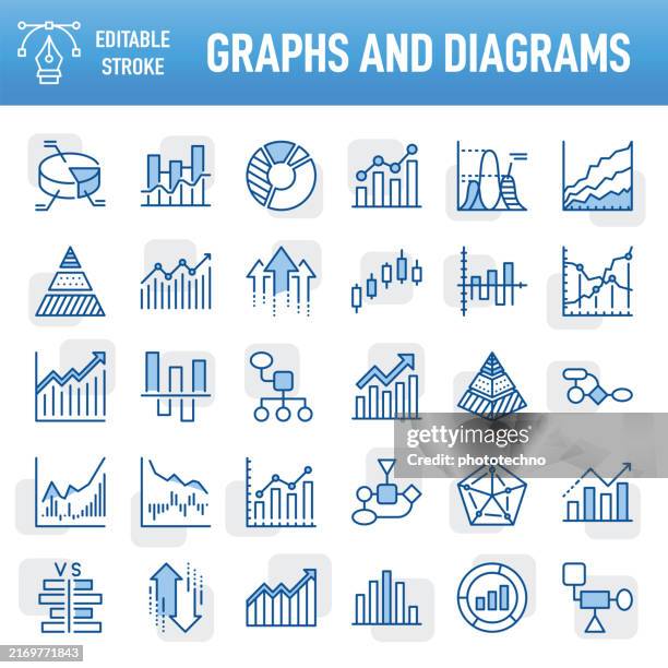 graph and diagram - thin line vector icon set. pixel perfect. editable stroke. for mobile and web. the set contains icons: graph, chart, data, growth, progress, improvement, development, analyzing, business, finance, stock market and exchange, investment - line graph stock illustrations