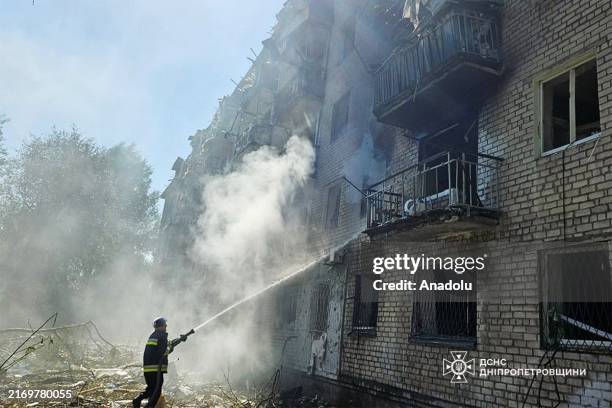 Firefighters extinguish the fire of a five-story residential building on an area of 50 square meters and saved 5 people from the fire following...