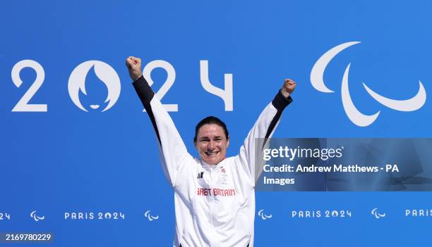 Great Britain's Sarah Storey on the podium after winning gold in the Women's C4-5 Road Race on day nine of the Paris 2024 Summer Paralympic Games....
