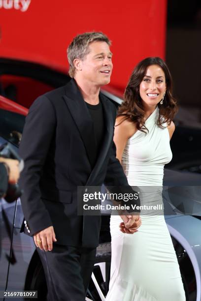 Brad Pitt and Ines de Ramon attend the "Wolfs" red carpet during the 81st Venice International Film Festival on September 01, 2024 in Venice, Italy.
