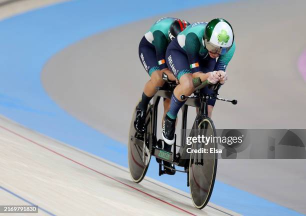 Pilot Eve McCrystal and Katie-George Dunlevy of Team Ireland compete at the Para Cycling - Track Women's B 3000m Individual Pursuit qualifying round...