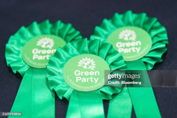 Green Party logos on rosettes at the Green Party autumn conference in Manchester, UK, on Friday, Sept. 6, 2024. The Green Party had its best-ever...