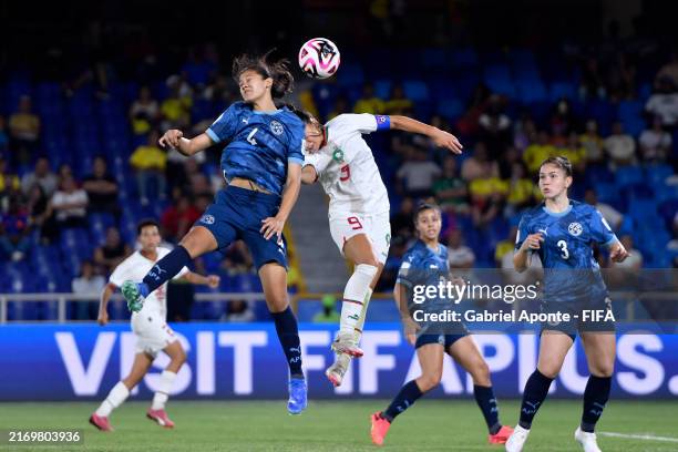 Naomi De Leon of Paraguay and Yasmine Zouhir of Morocco jump for the ball during the FIFA U-20 Women's World Cup Colombia 2024 match between Paraguay...