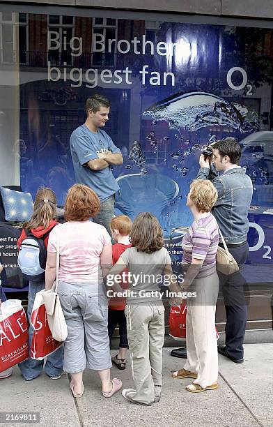 Big Brother's biggest fan Daniel Shearman, enjoys his own 'BB' experience in Selfridges window for 24 hours July 17, 2003 at Selfridges Department...