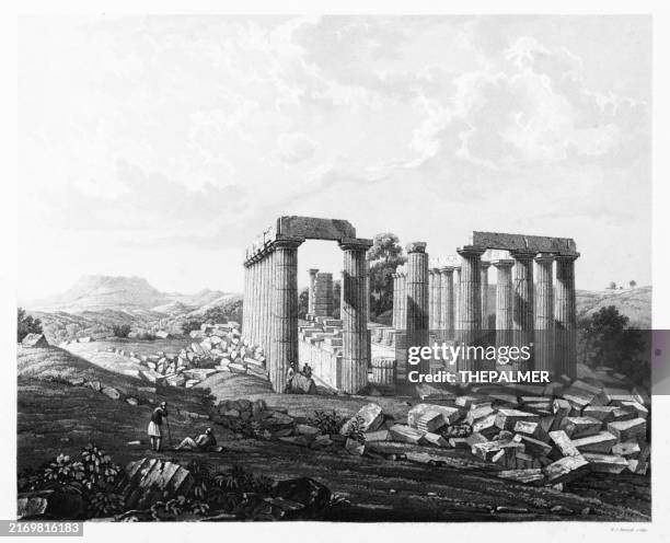 ilustrações de stock, clip art, desenhos animados e ícones de temple of apollo epicurius - collection of ancient marbles- original steel engraving 1842 - templo de apolo naxos