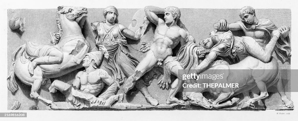 Theseus in einer Schlacht, bedeckt mit einem Löwenfell - Sammlung antiker Murmeln - Original Stahlstich 1842
