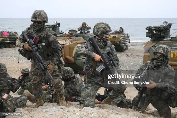 South Korean marines participate in the Ssangyong exercise at Pohang seashore on September 02, 2024 in Pohang, South Korea. The joint amphibious...