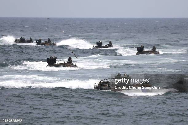South Korean marines participate in the Ssangyong exercise at Pohang seashore on September 02, 2024 in Pohang, South Korea. The joint amphibious...