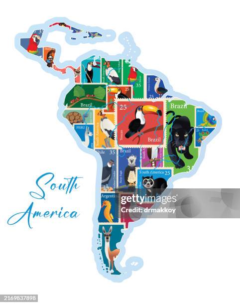 south america animals stamp map - santiago dominican republic stock illustrations