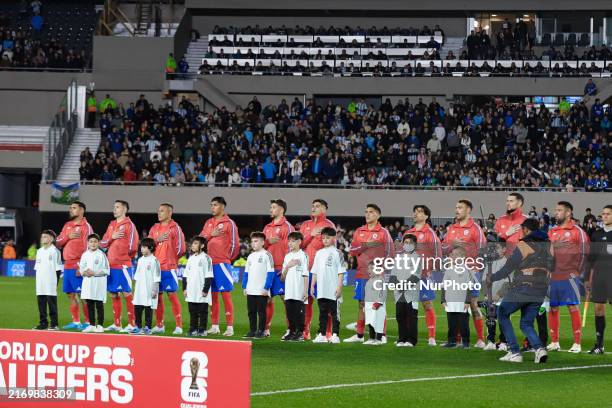 Chile players during anthems before the FIFA World Cup 2026 Qualifier match between Argentina and Chile at Estadio Mas Monumental Antonio Vespucio in...