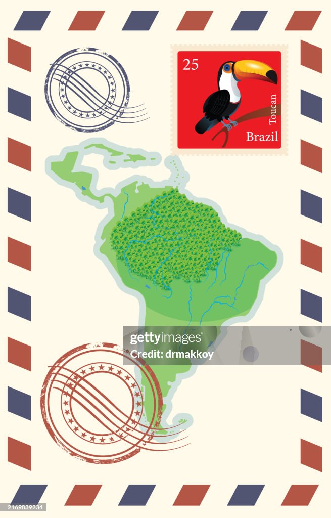 South America Map and
Toucan Stamps Envelope
