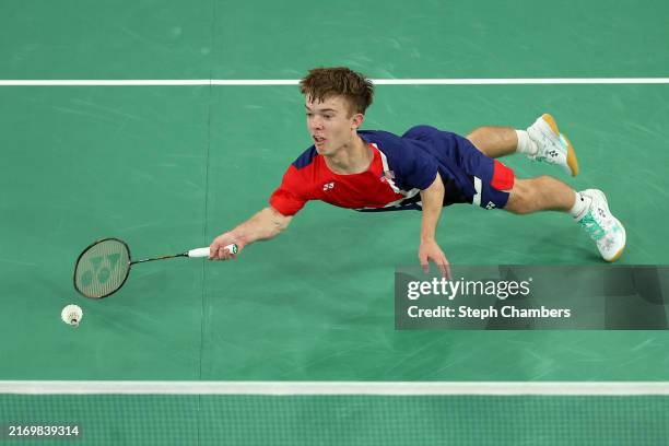 Miles Krajewski and Jayci Simon of Team United States compete during the Para Badminton Mixed Doubles SH6 Gold Medal Match on day five of the Paris...