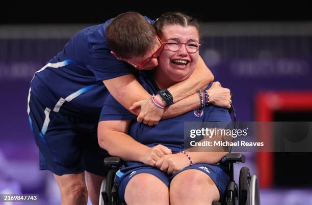 Aurelie Aubert of Team France reacts after winning during the Boccia Women's Individual BC1 Gold Medal Match on day five of the Paris 2024 Summer...