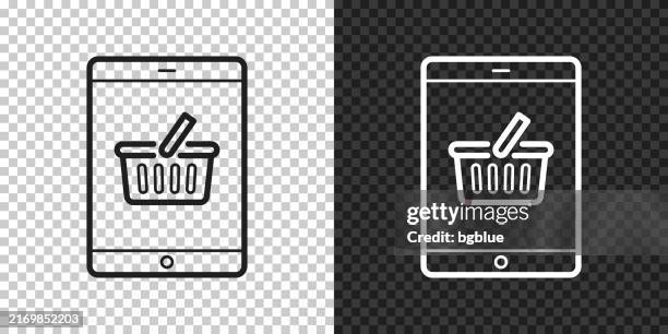 tablet pc with shopping basket. icon for design on blank background - checkout screen stock illustrations