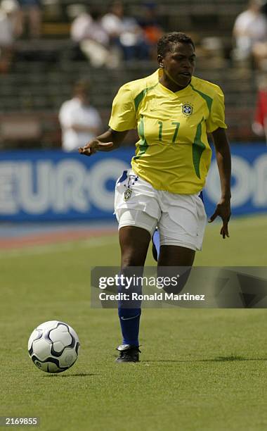 Maycon of the Brazil Women's national team plays the ball on the wing against the U.S. Women's national team at Tad Gormley Stadium on July 13, 2003...