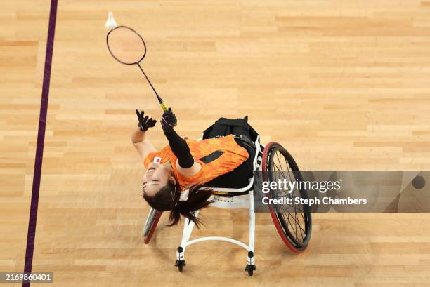 Sarina Satomi of Team Japan competes during the Para Badminton Women's Singles WH1 Gold Medal Match on day five of the Paris 2024 Summer Paralympic...
