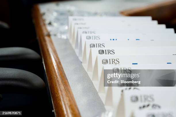 Nametags with the IRS logo in a conference room at the Internal Revenue Service campus in Austin, Texas, US, on Friday, Sept. 6, 2024. The tax agency...
