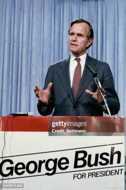 Presidential candidate George H W Bush speaking at a campaign event in Denver, Colorado, April 26th 1980.