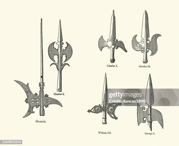 military history, weapons, types of english halberd, a two-handed polearm, consists of an axe blade topped with a spike mounted on a long shaft - axe stock illustrations