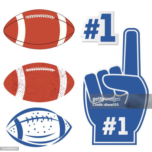 verschiedene fußbälle und ein schaumstofffinger - american football stock-grafiken, -clipart, -cartoons und -symbole
